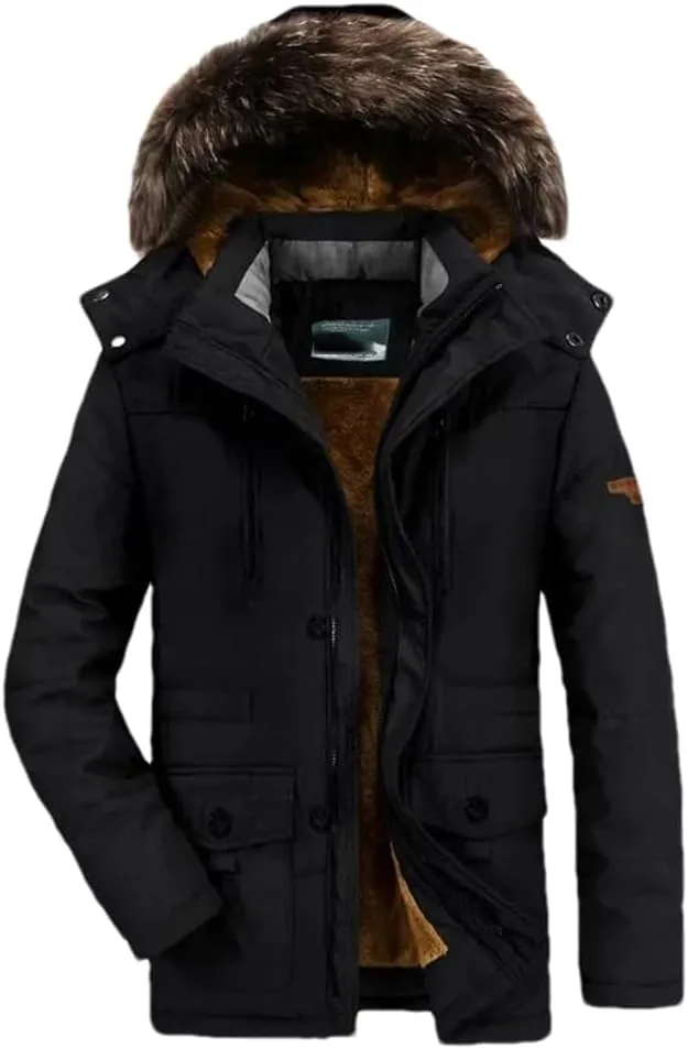 Adhdyuud Men Warm Military Hooded Fleece Coat Winter Thick Cotton Padded Long Parkas Jacket