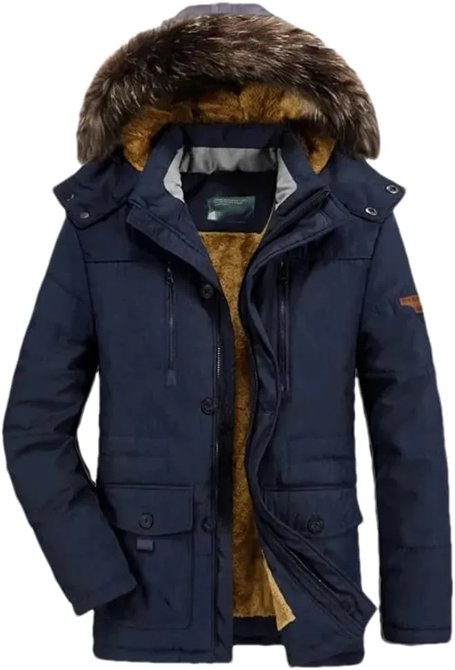 Adhdyuud Men Warm Military Hooded Fleece Coat Winter Thick Cotton Padded Long Parkas Jacket