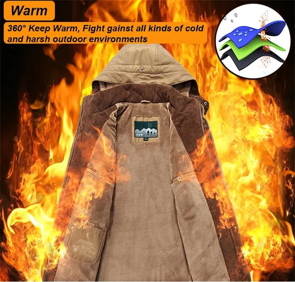 Adhdyuud Men Winter Detachable Hat Jacket Outdoor Casual Warm Fleece Cotton Padded Parkas Coats