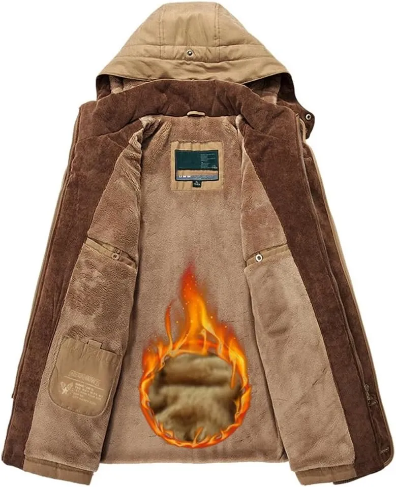 Adhdyuud Men Winter Detachable Hat Jacket Outdoor Casual Warm Fleece Cotton Padded Parkas Coats