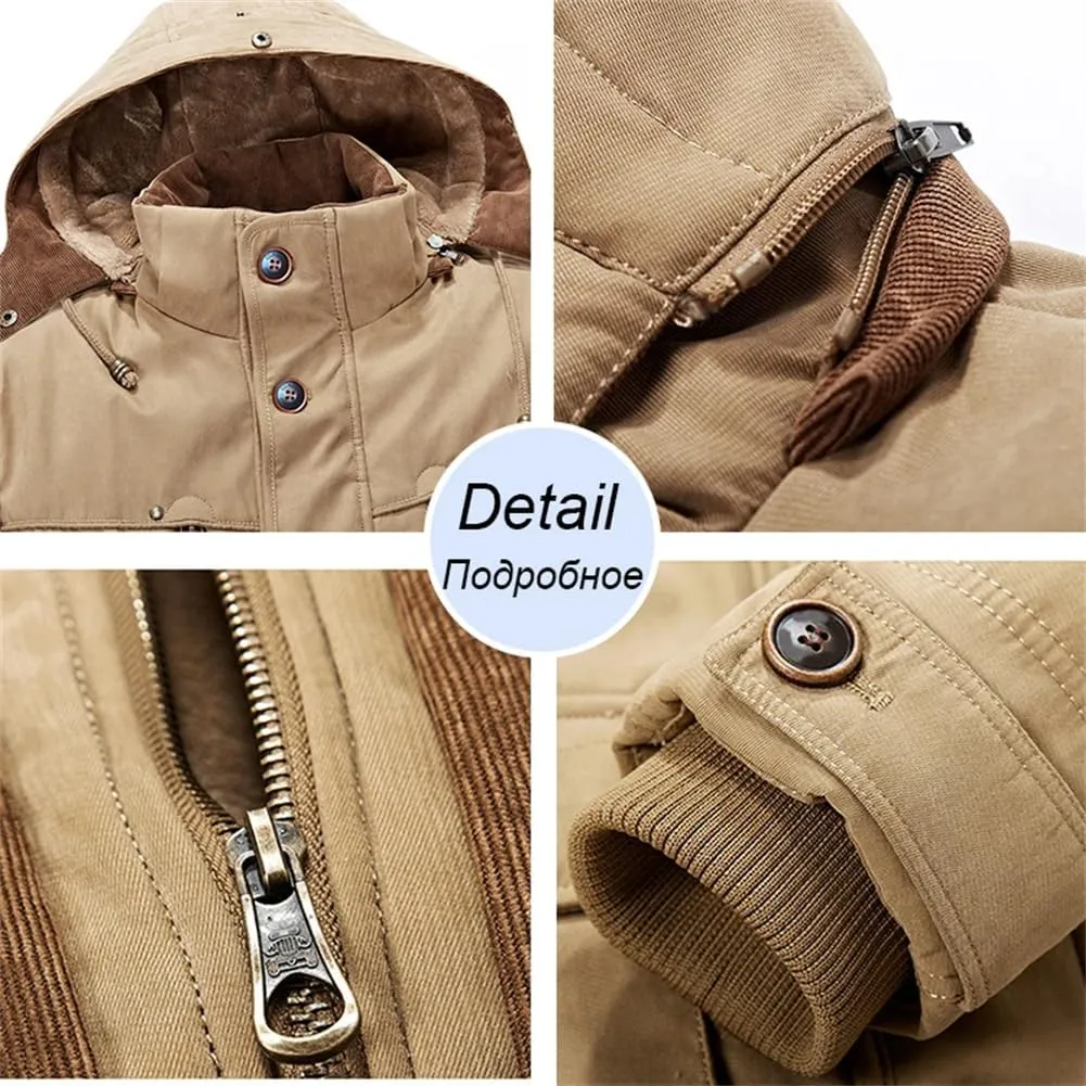 Adhdyuud Men Winter Detachable Hat Jacket Outdoor Casual Warm Fleece Cotton Padded Parkas Coats