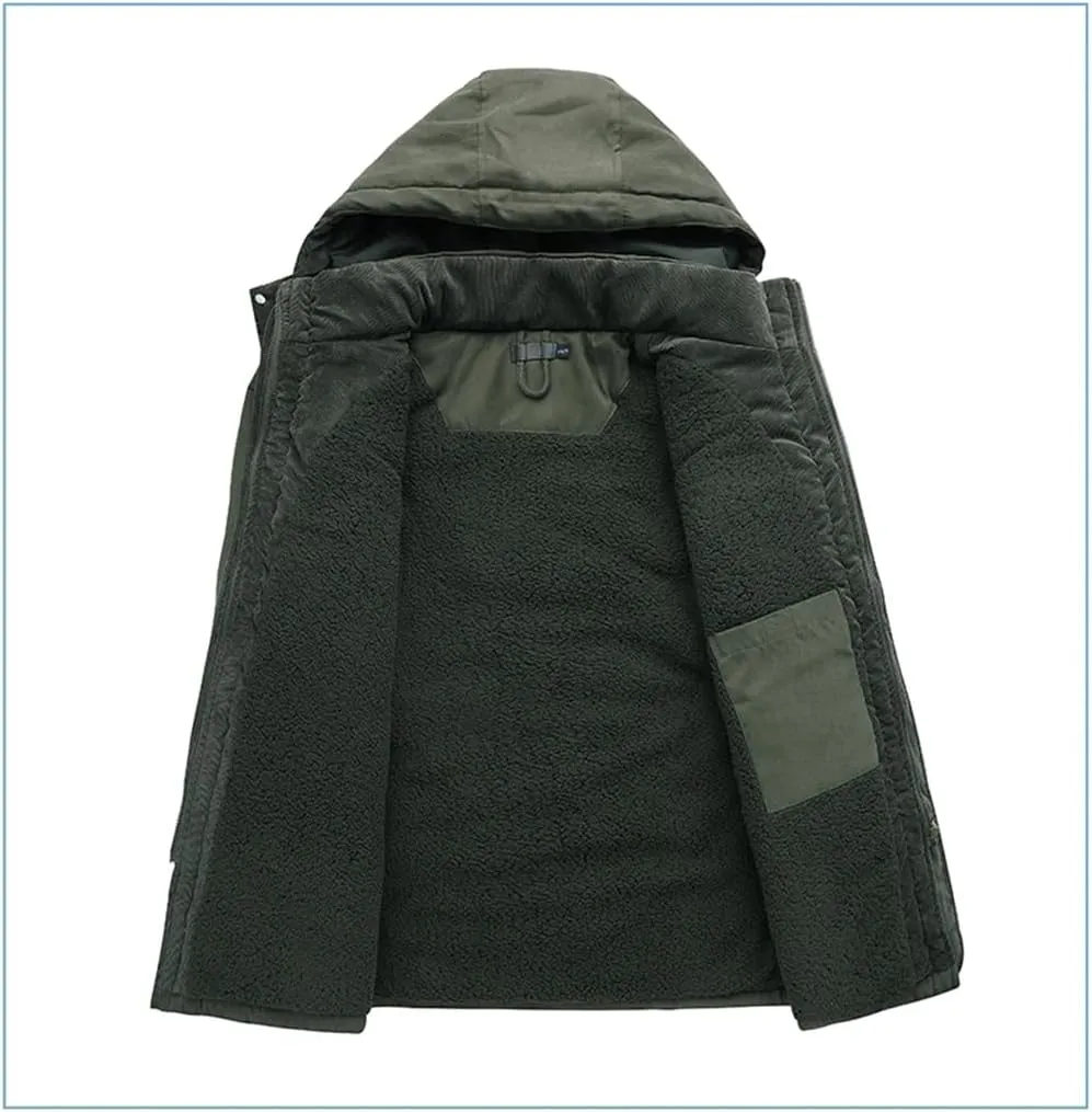 Adhdyuud Men's Cashmere Fleece Coats Winter Outdoor Military Cotton-Padded Hooded Thicken Warm Parkas Jacket