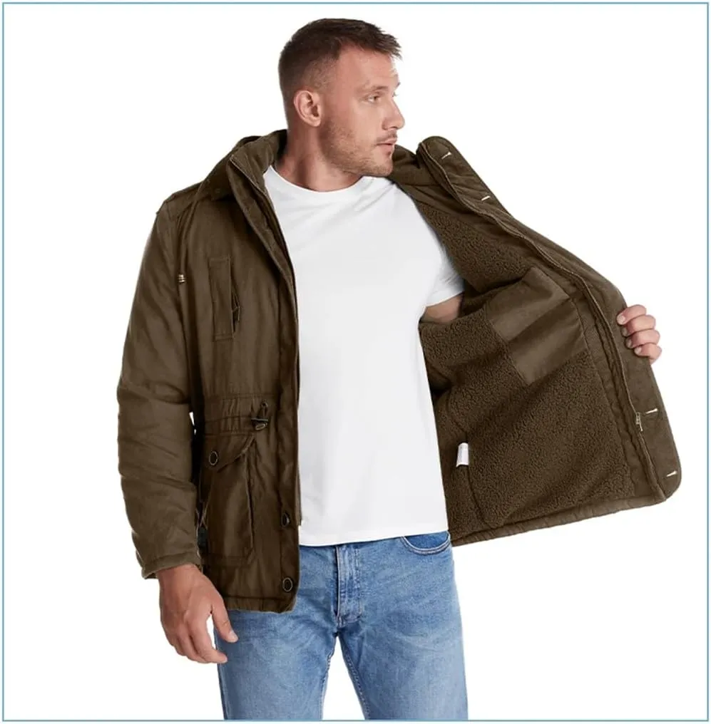 Adhdyuud Men's Cashmere Fleece Coats Winter Outdoor Military Cotton-Padded Hooded Thicken Warm Parkas Jacket