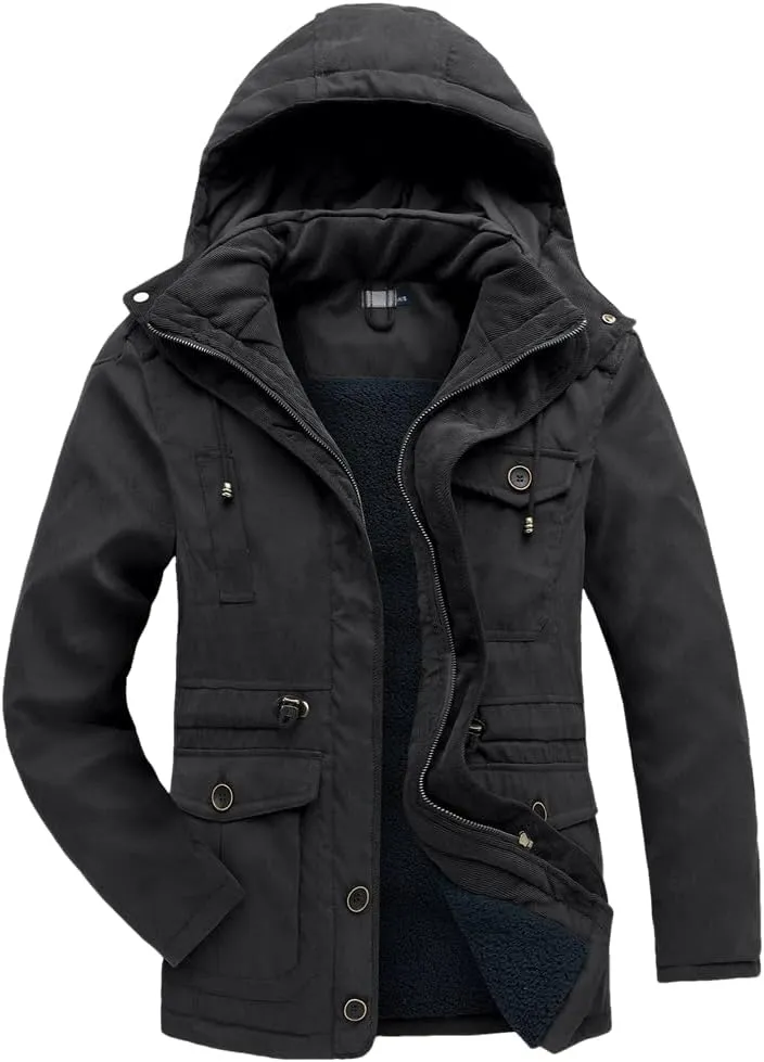 Adhdyuud Men's Cashmere Fleece Coats Winter Outdoor Military Cotton-Padded Hooded Thicken Warm Parkas Jacket