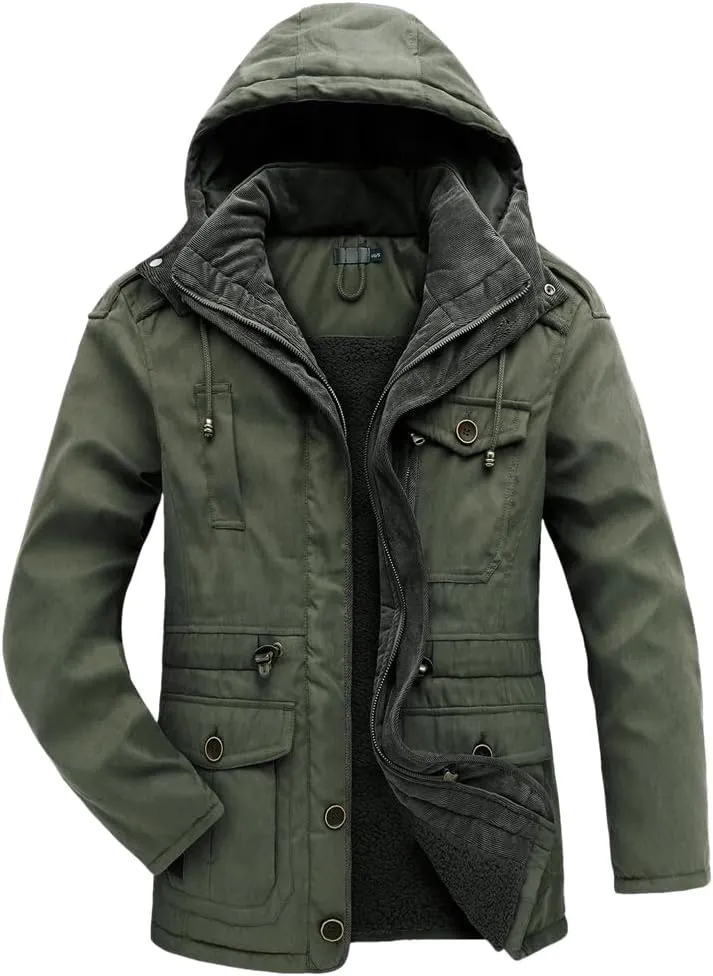 Adhdyuud Men's Cashmere Fleece Coats Winter Outdoor Military Cotton-Padded Hooded Thicken Warm Parkas Jacket