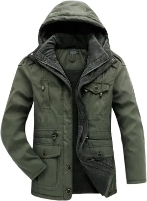 Adhdyuud Men's Cashmere Fleece Coats Winter Outdoor Military Cotton-Padded Hooded Thicken Warm Parkas Jacket