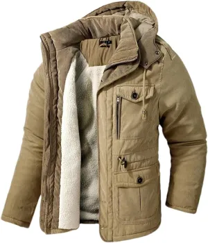 Adhdyuud Men's Cotton-Padded Hooded Parkas Coats Winter Outdoor Thicken Cashmere Fleece Military Warm Jacket
