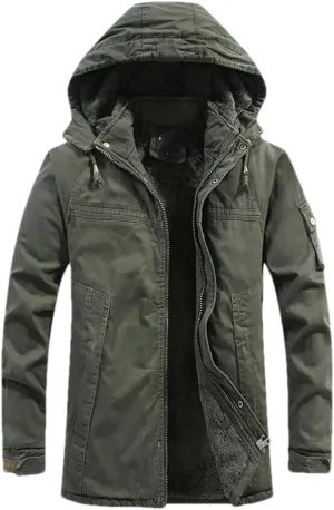 Adhdyuud Men's Military Cotton-Padded Hooded Parkas Jacket Winter Outdoor Warm Thicken Fleece Long Coat