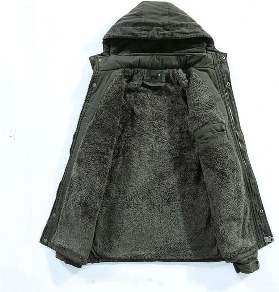Adhdyuud Men's Military Cotton-Padded Hooded Parkas Jacket Winter Outdoor Warm Thicken Fleece Long Coat