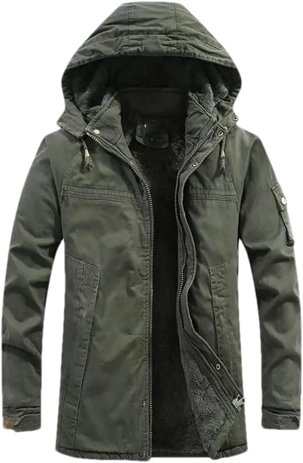 Adhdyuud Men's Military Cotton-Padded Hooded Parkas Jacket Winter Outdoor Warm Thicken Fleece Long Coat