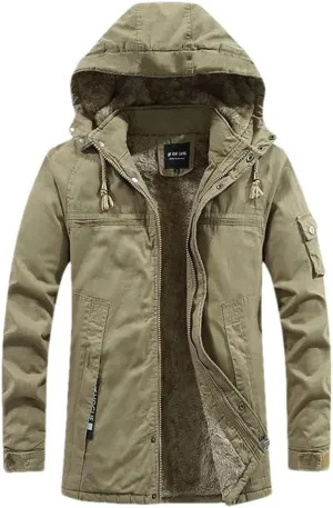 Adhdyuud Men's Military Cotton-Padded Hooded Parkas Jacket Winter Outdoor Warm Thicken Fleece Long Coat