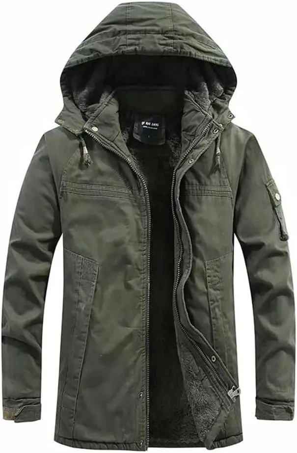 Adhdyuud Men's Military Cotton-Padded Hooded Parkas Jacket Winter Outdoor Warm Thicken Fleece Long Coat