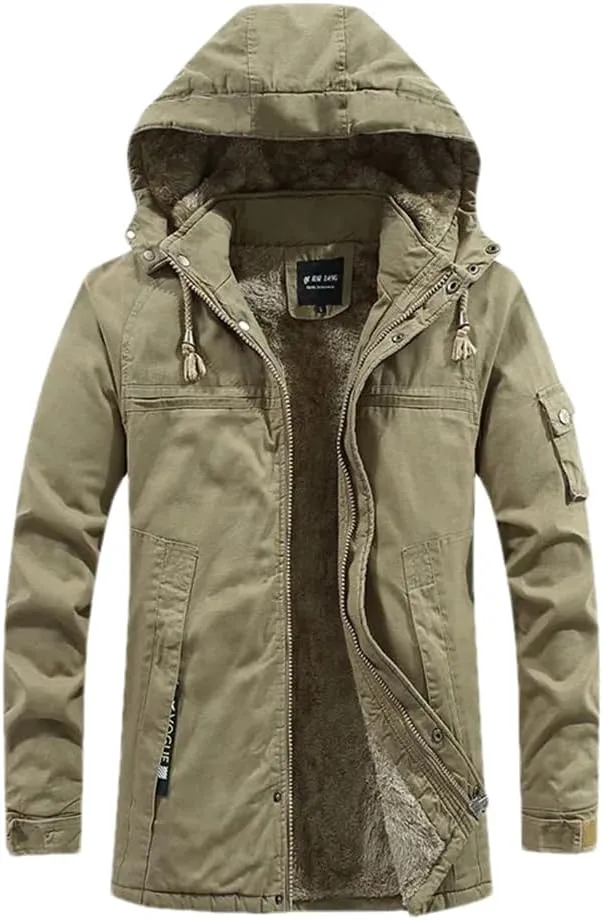 Adhdyuud Men's Military Cotton-Padded Hooded Parkas Jacket Winter Outdoor Warm Thicken Fleece Long Coat