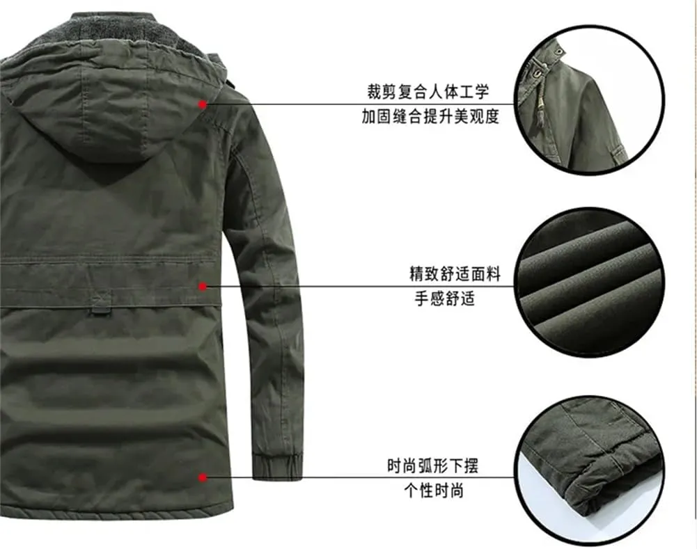 Adhdyuud Men's Military Cotton-Padded Hooded Parkas Jacket Winter Outdoor Warm Thicken Fleece Long Coat