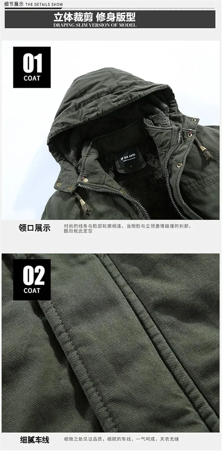 Adhdyuud Men's Military Cotton-Padded Hooded Parkas Jacket Winter Outdoor Warm Thicken Fleece Long Coat