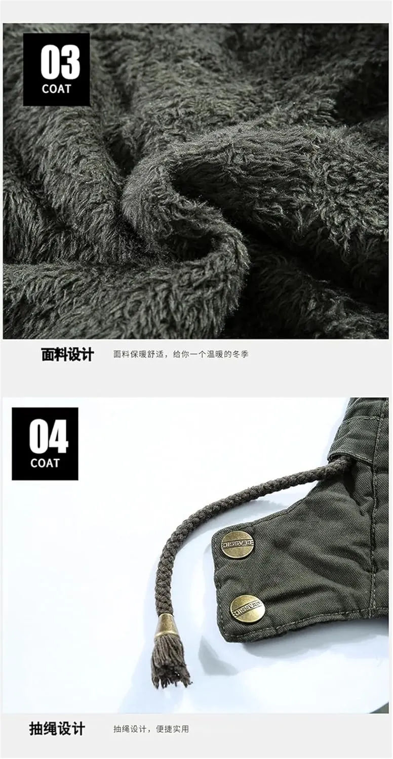 Adhdyuud Men's Military Cotton-Padded Hooded Parkas Jacket Winter Outdoor Warm Thicken Fleece Long Coat