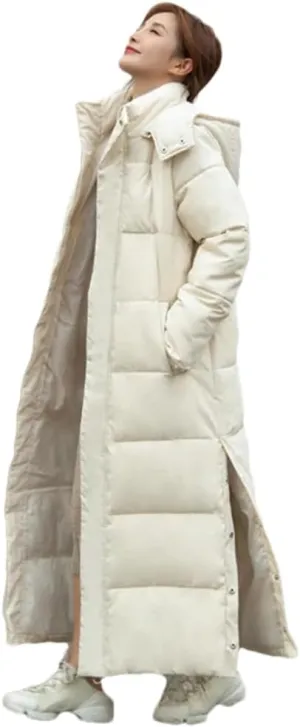 Adhdyuud Women Casual Warm Thick Hooded Snow Parkas Winter Casual Outwear Cotton Padded Long Coat
