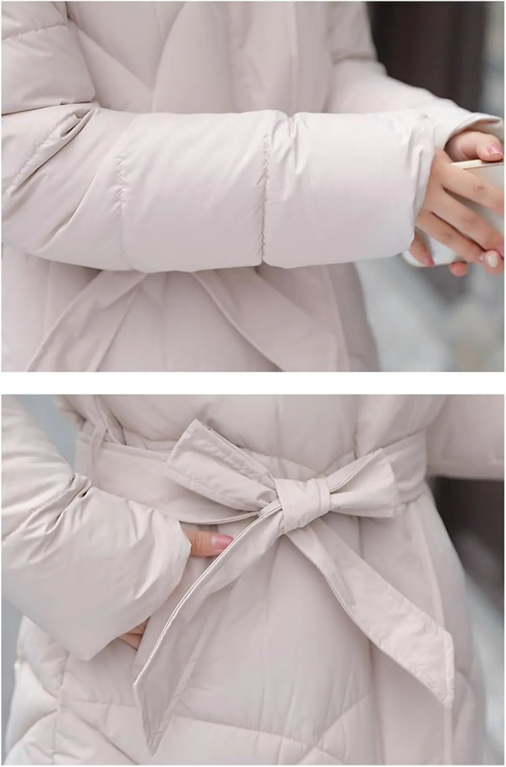 Adhdyuud Women's Down Jackets Cotton Padded Parka Warm Casual Coat Puffer Belt Hooded Parka Overcoat