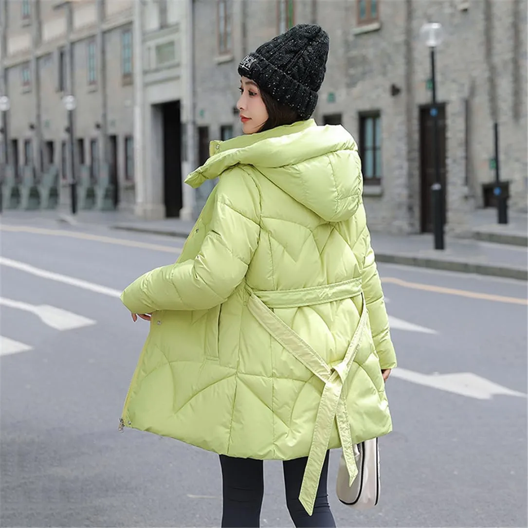 Adhdyuud Women's Down Jackets Cotton Padded Parka Warm Casual Coat Puffer Belt Hooded Parka Overcoat