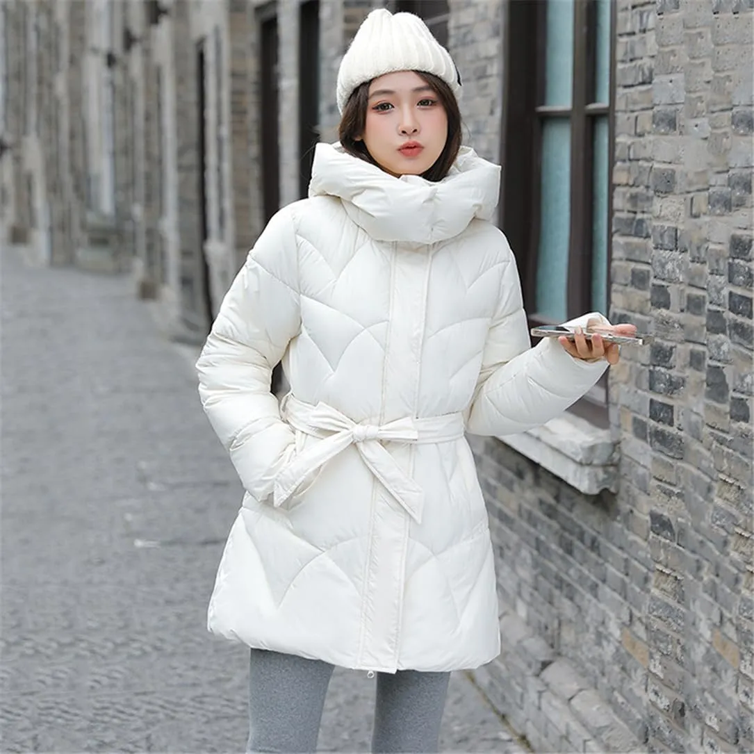 Adhdyuud Women's Down Jackets Cotton Padded Parka Warm Casual Coat Puffer Belt Hooded Parka Overcoat