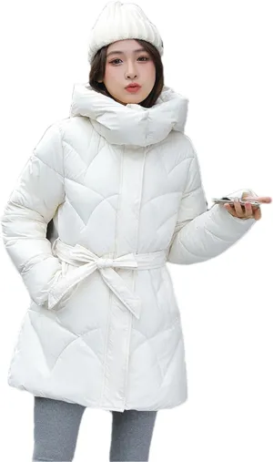 Adhdyuud Women's Down Jackets Cotton Padded Parka Warm Casual Coat Puffer Belt Hooded Parka Overcoat