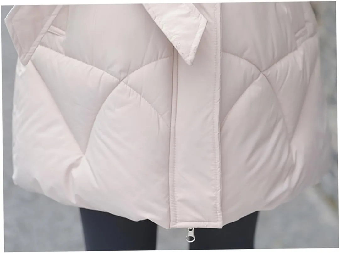 Adhdyuud Women's Down Jackets Cotton Padded Parka Warm Casual Coat Puffer Belt Hooded Parka Overcoat