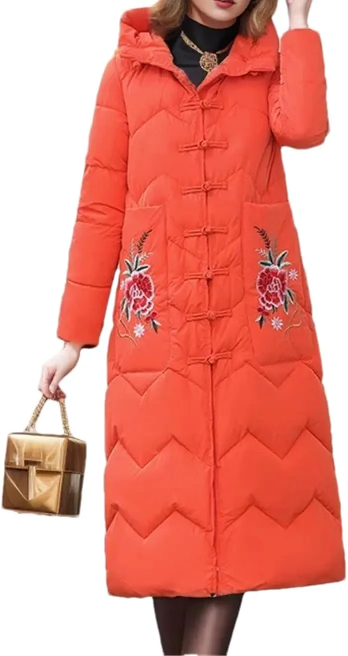 Adhdyuud Women's Winter Padded Jacket Vintage Cotton Long Disc Buckle Hooded Puffer Coat