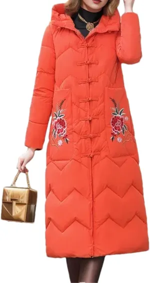 Adhdyuud Women's Winter Padded Jacket Vintage Cotton Long Disc Buckle Hooded Puffer Coat