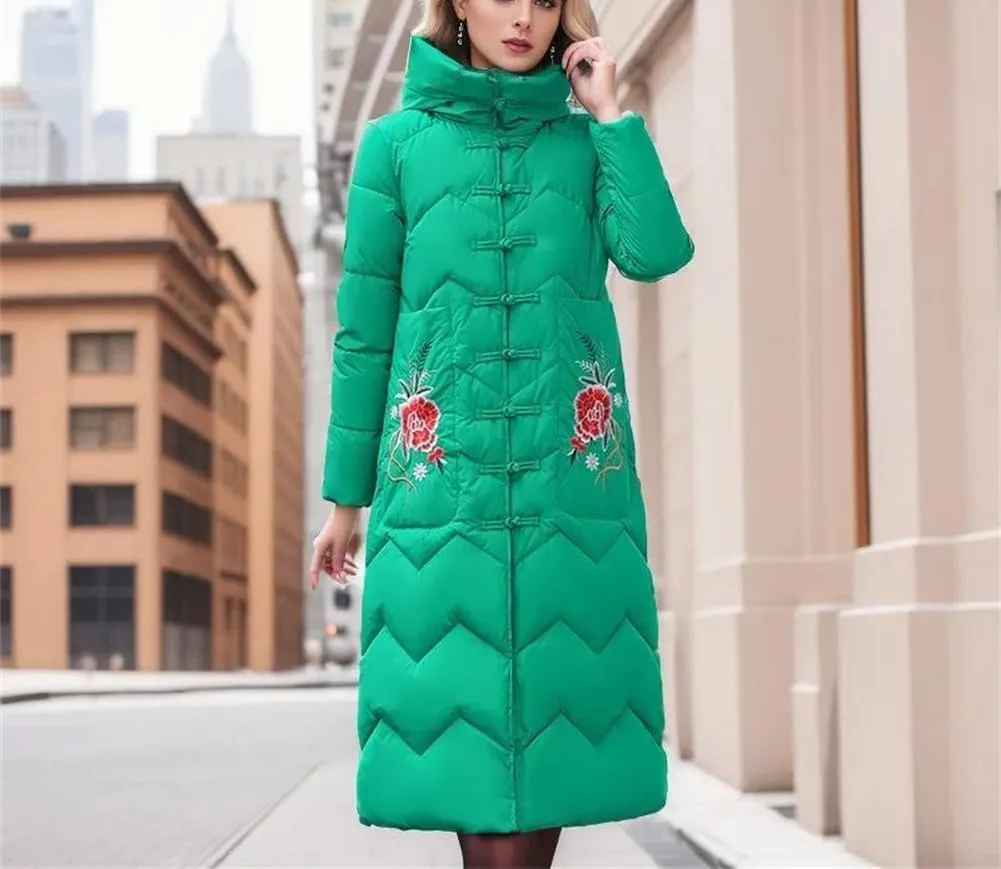 Adhdyuud Women's Winter Padded Jacket Vintage Cotton Long Disc Buckle Hooded Puffer Coat