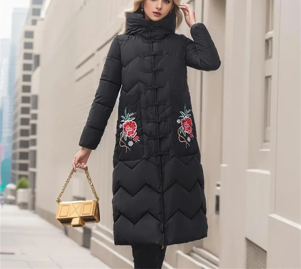 Adhdyuud Women's Winter Padded Jacket Vintage Cotton Long Disc Buckle Hooded Puffer Coat