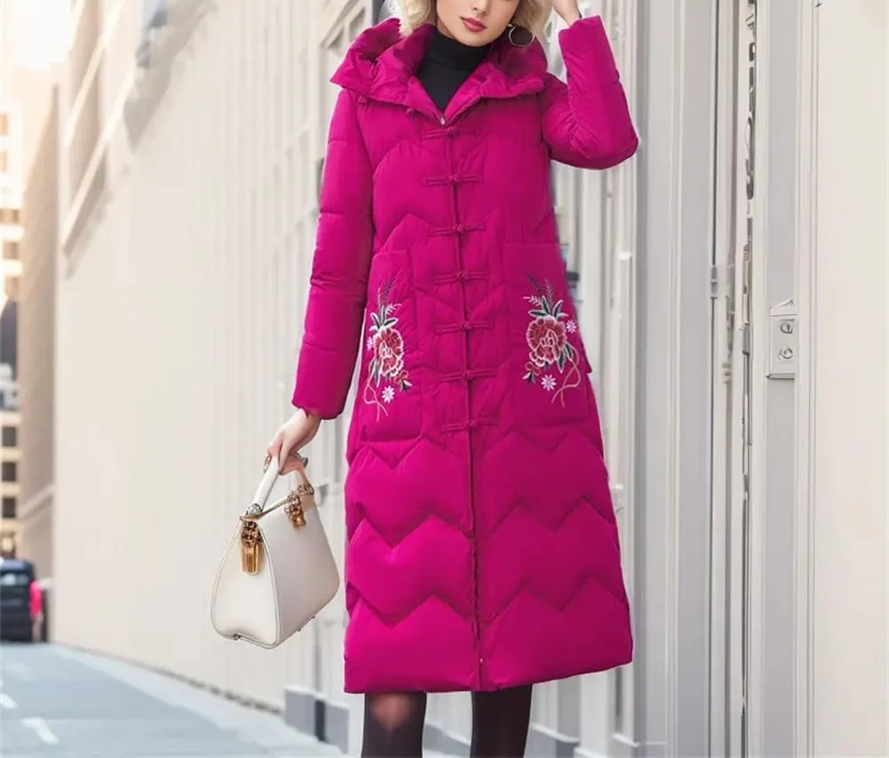 Adhdyuud Women's Winter Padded Jacket Vintage Cotton Long Disc Buckle Hooded Puffer Coat