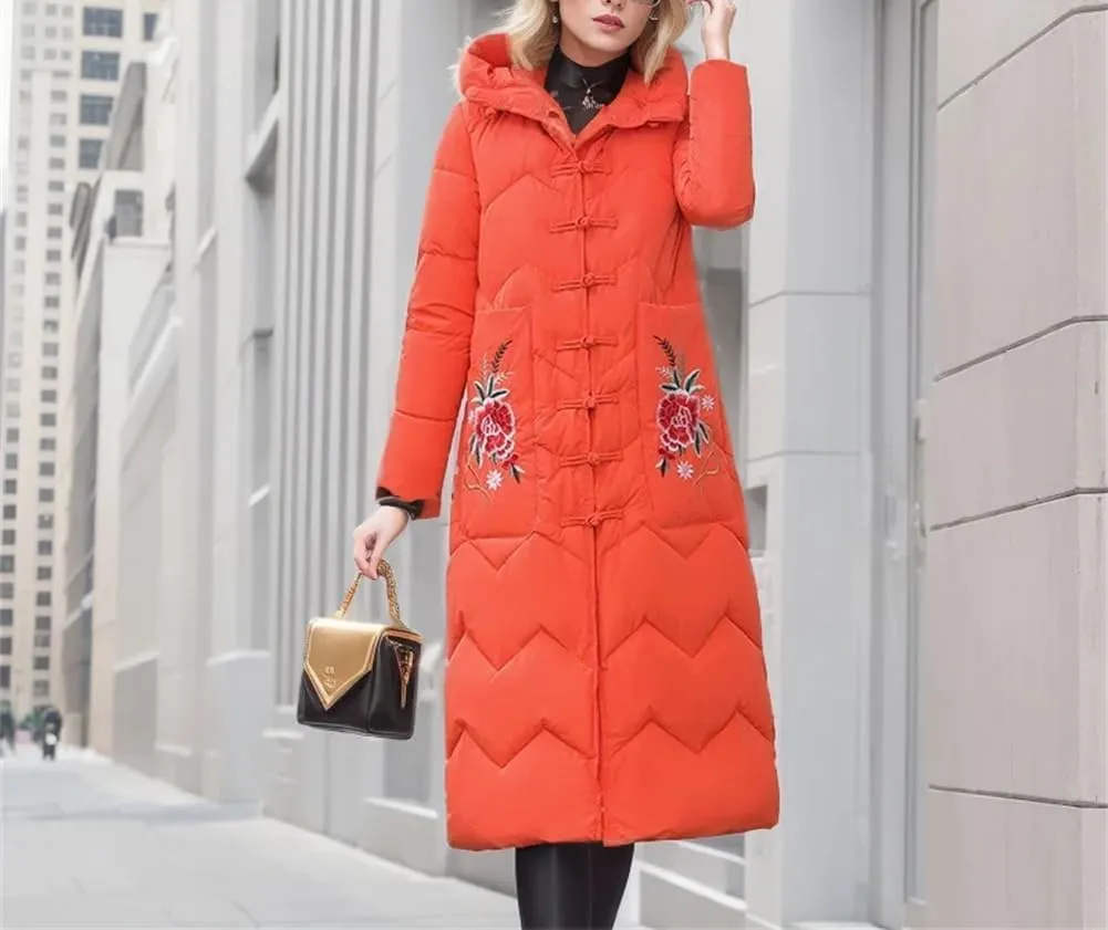 Adhdyuud Women's Winter Padded Jacket Vintage Cotton Long Disc Buckle Hooded Puffer Coat