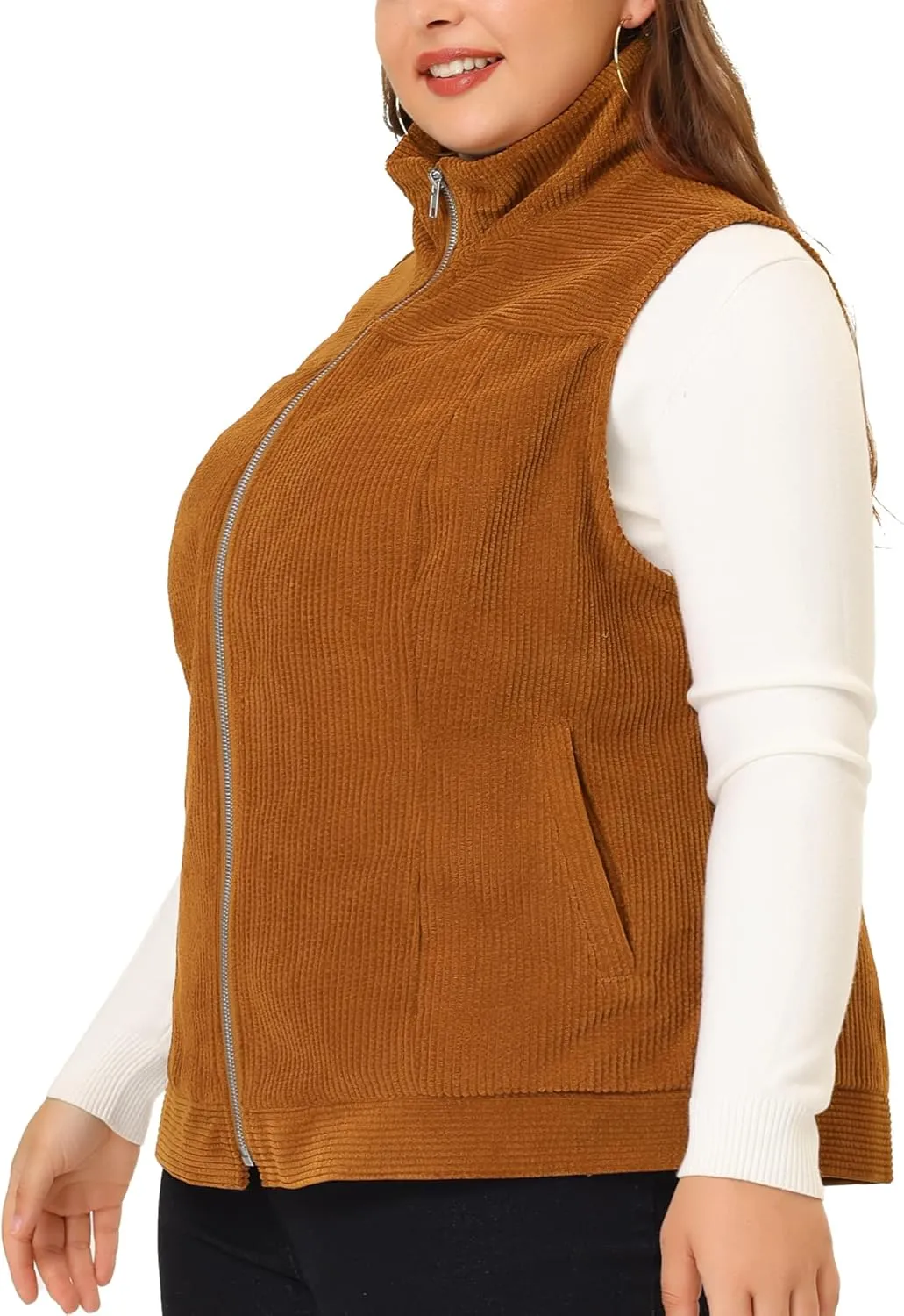 Agnes Orinda Plus Size Sleeveless Vests for Women Casual Zipper Side Pocket Corduroy Vests