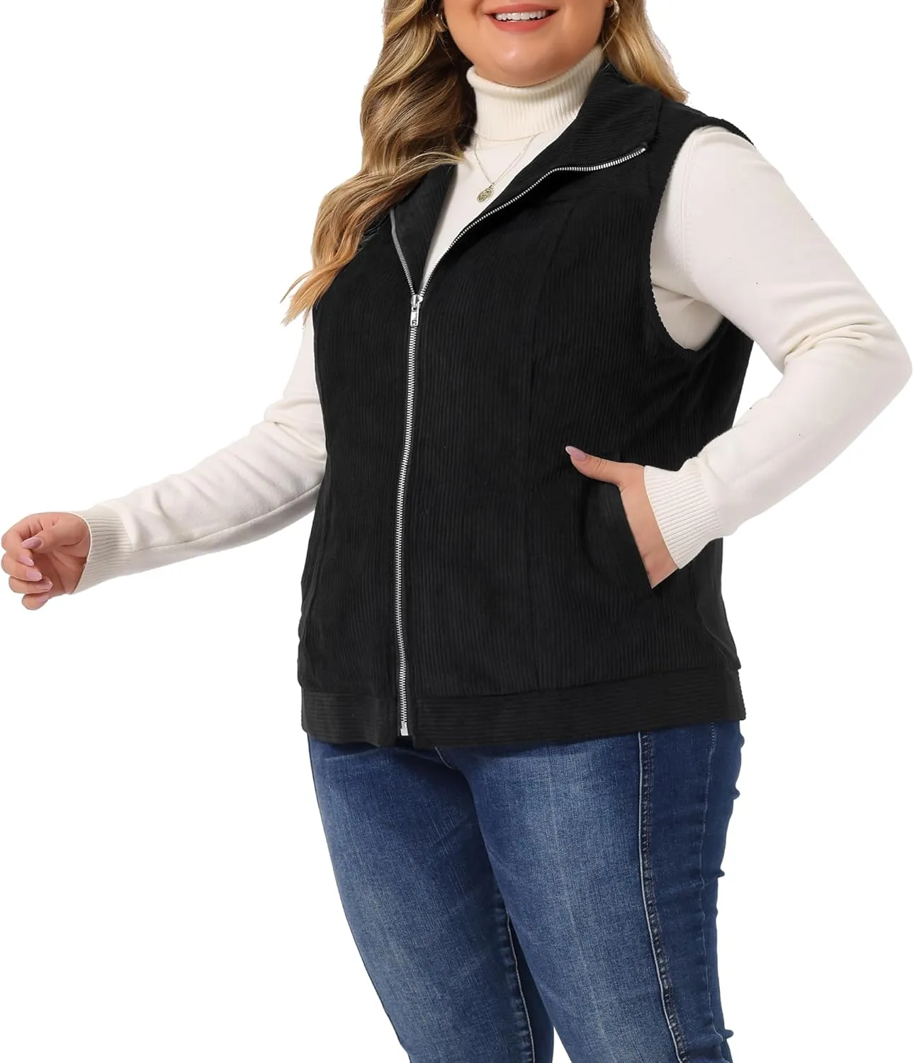 Agnes Orinda Plus Size Sleeveless Vests for Women Casual Zipper Side Pocket Corduroy Vests