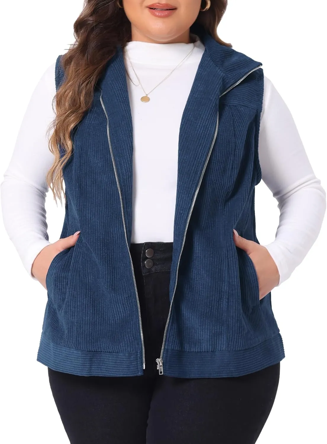Agnes Orinda Plus Size Sleeveless Vests for Women Casual Zipper Side Pocket Corduroy Vests
