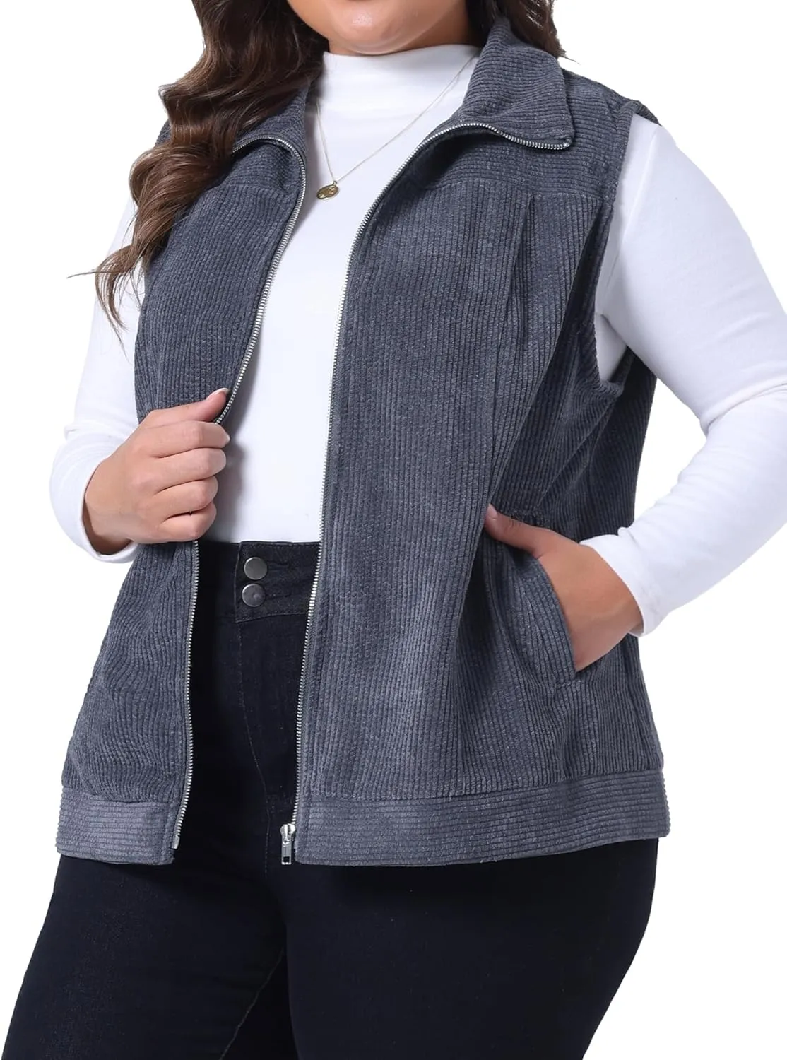 Agnes Orinda Plus Size Sleeveless Vests for Women Casual Zipper Side Pocket Corduroy Vests
