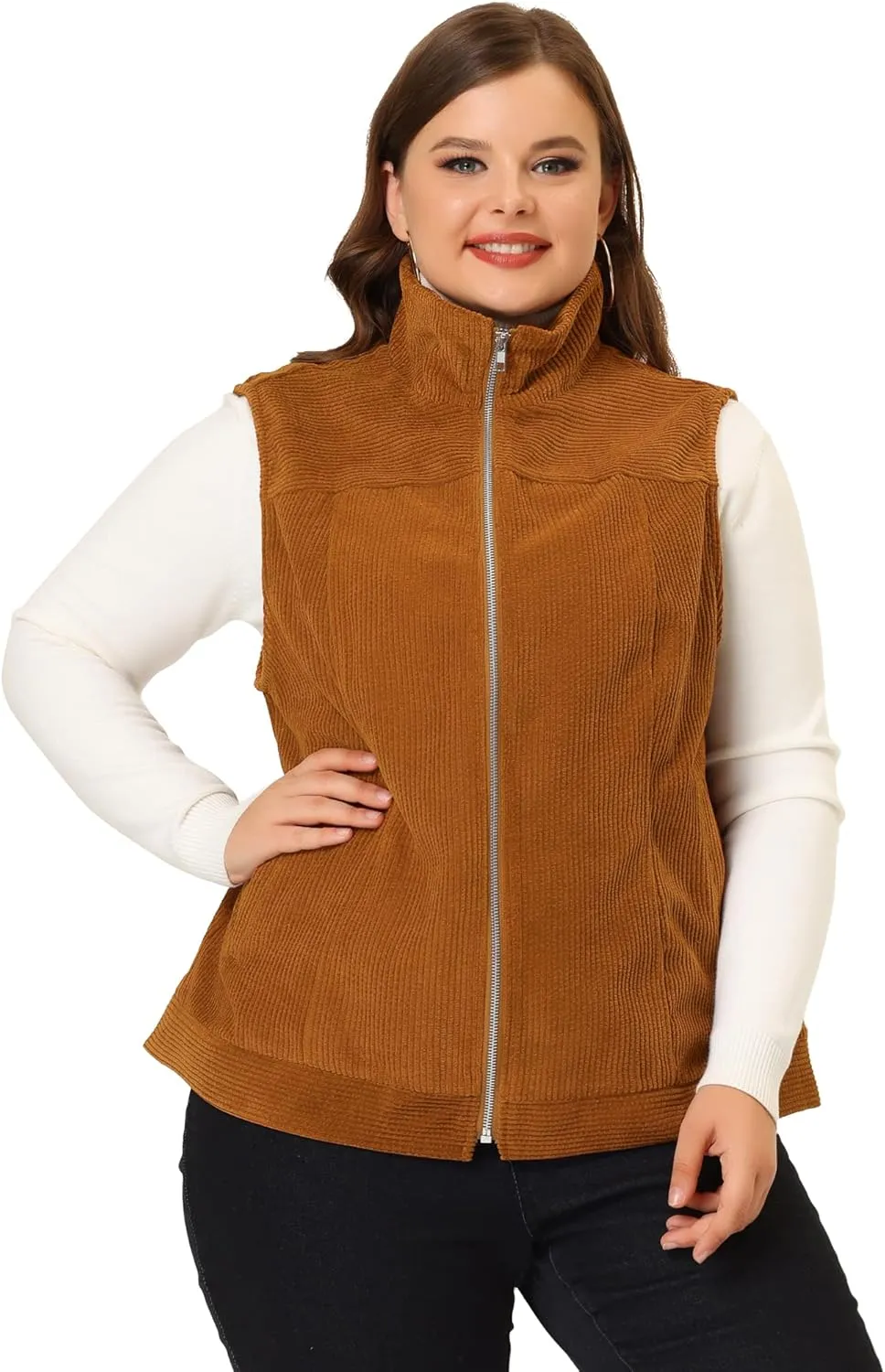 Agnes Orinda Plus Size Sleeveless Vests for Women Casual Zipper Side Pocket Corduroy Vests
