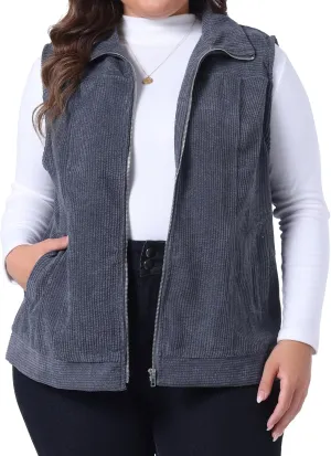 Agnes Orinda Plus Size Sleeveless Vests for Women Casual Zipper Side Pocket Corduroy Vests