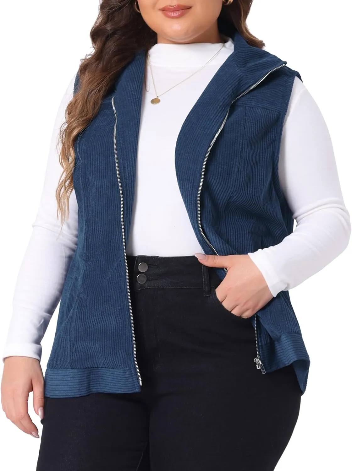 Agnes Orinda Plus Size Sleeveless Vests for Women Casual Zipper Side Pocket Corduroy Vests