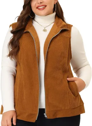 Agnes Orinda Plus Size Sleeveless Vests for Women Casual Zipper Side Pocket Corduroy Vests