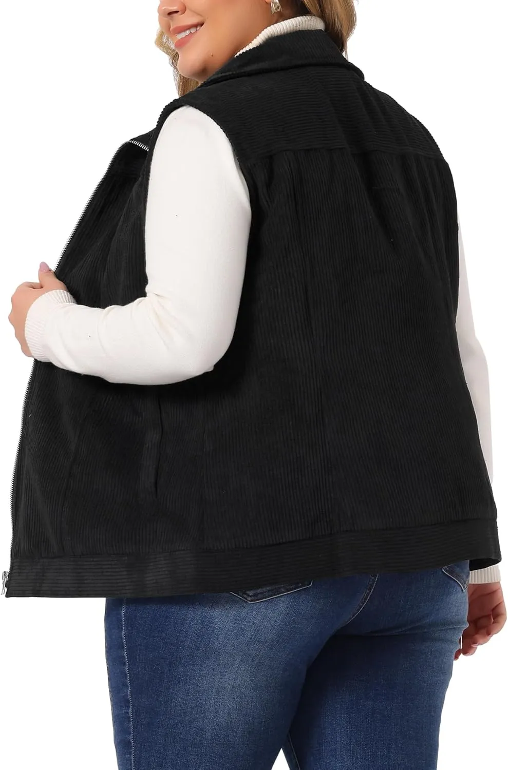 Agnes Orinda Plus Size Sleeveless Vests for Women Casual Zipper Side Pocket Corduroy Vests