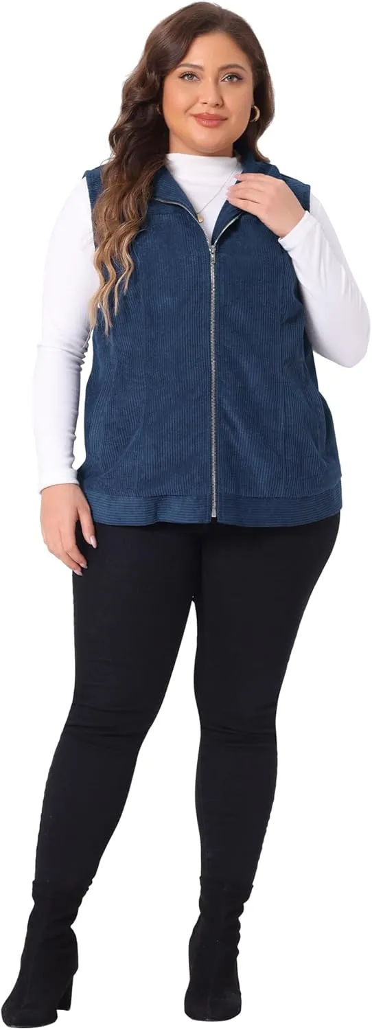 Agnes Orinda Plus Size Sleeveless Vests for Women Casual Zipper Side Pocket Corduroy Vests