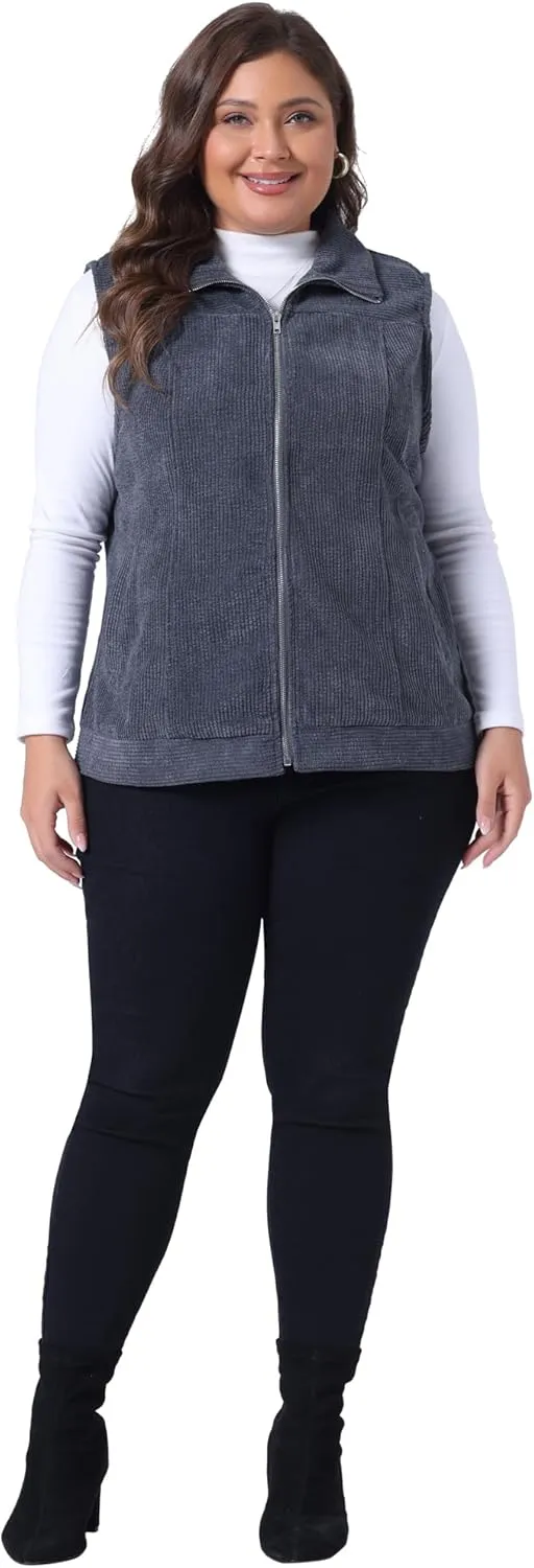 Agnes Orinda Plus Size Sleeveless Vests for Women Casual Zipper Side Pocket Corduroy Vests