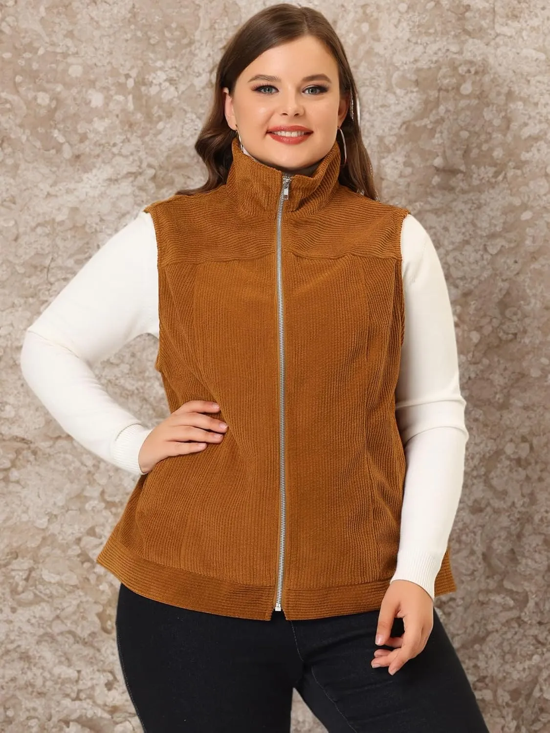 Agnes Orinda Plus Size Sleeveless Vests for Women Casual Zipper Side Pocket Corduroy Vests