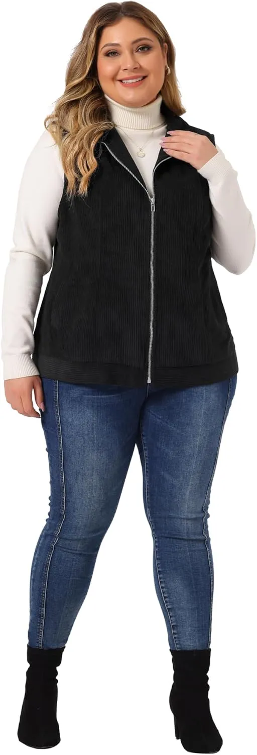 Agnes Orinda Plus Size Sleeveless Vests for Women Casual Zipper Side Pocket Corduroy Vests