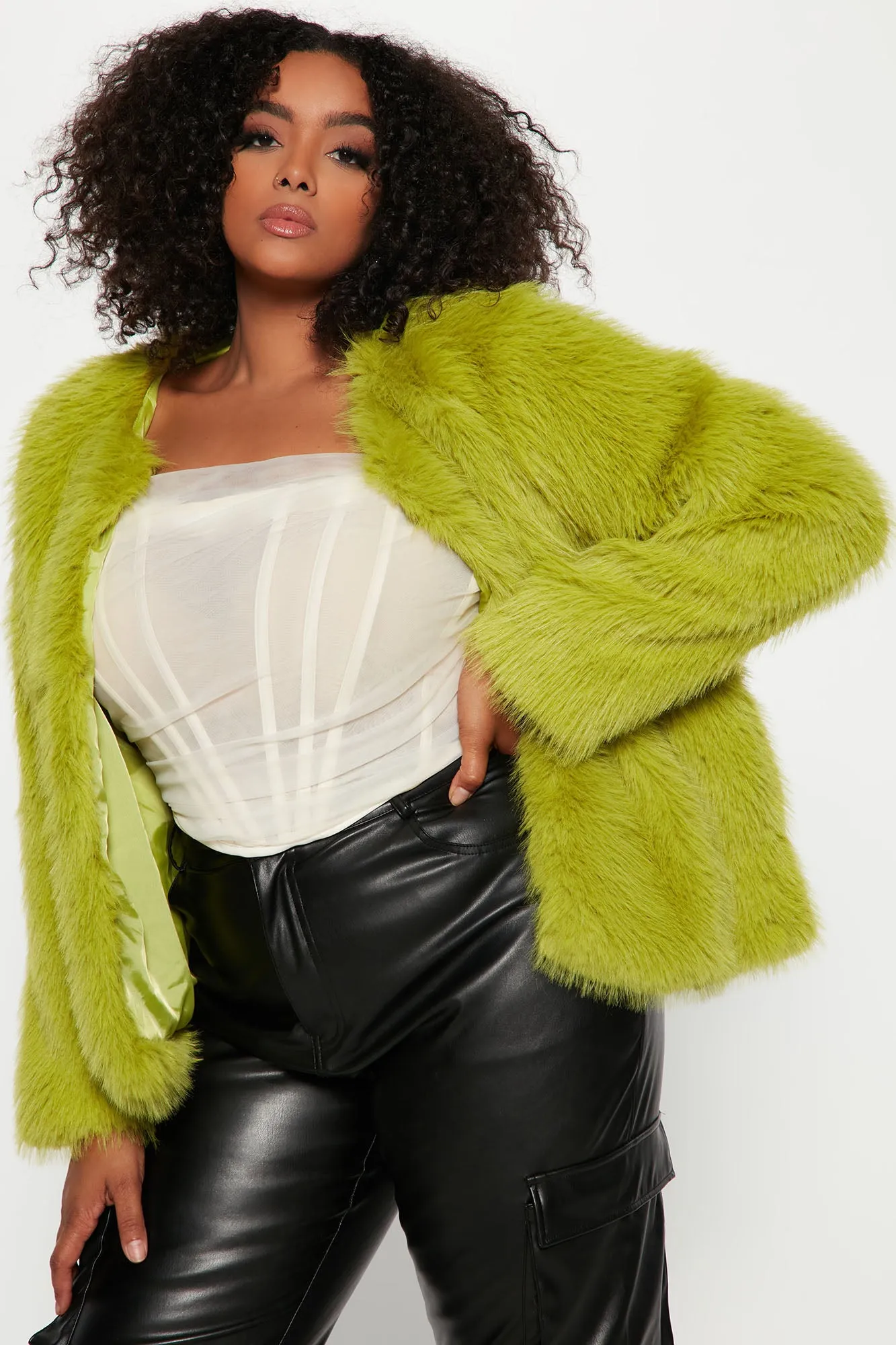 Always Together Faux Fur Jacket - Chartreuse