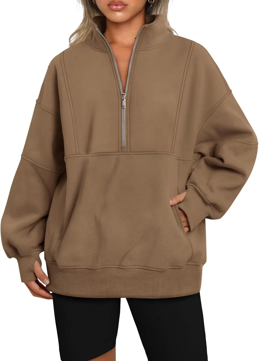 AUTOMET Women's Half Zip Oversized Sweatshirts Fleece Pullover Long Hoodies Casual Mock Turtleneck Sweaters with Pockets