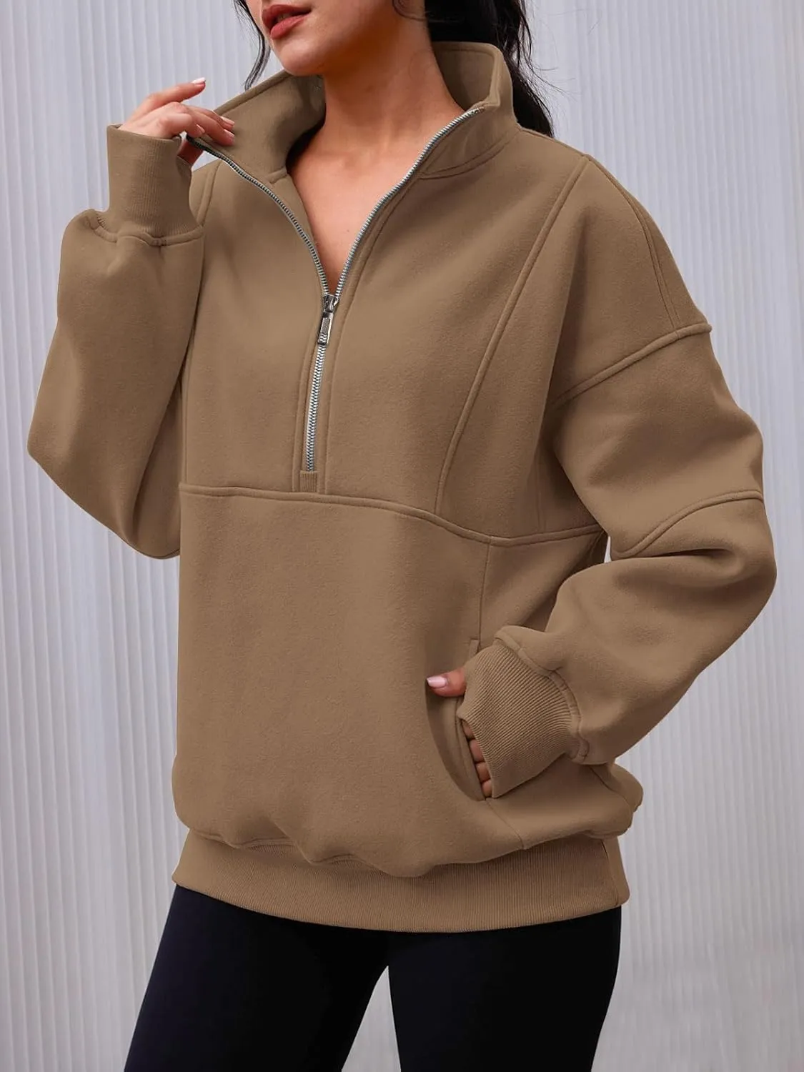 AUTOMET Women's Half Zip Oversized Sweatshirts Fleece Pullover Long Hoodies Casual Mock Turtleneck Sweaters with Pockets
