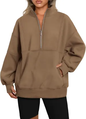 AUTOMET Women's Half Zip Oversized Sweatshirts Fleece Pullover Long Hoodies Casual Mock Turtleneck Sweaters with Pockets
