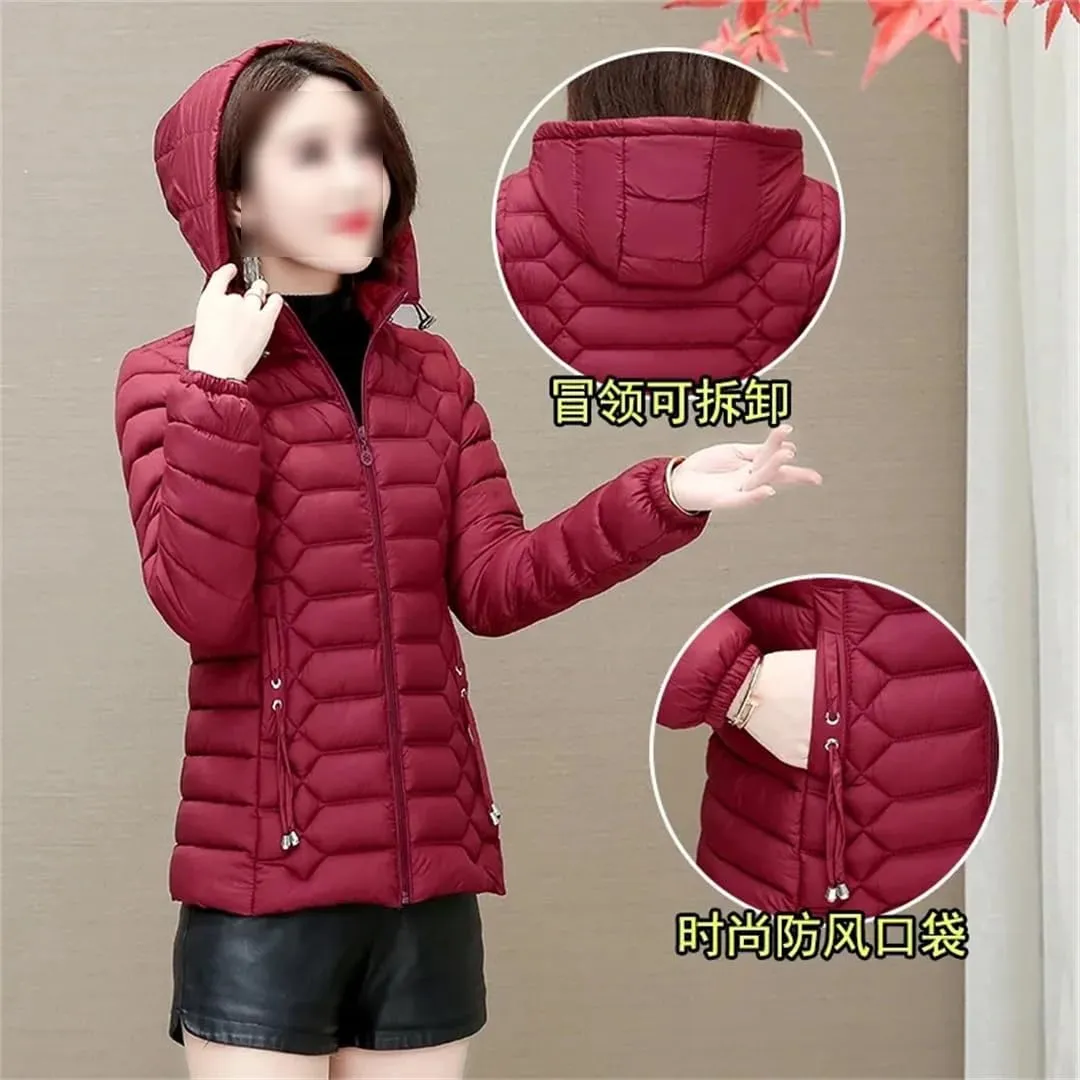 Autumn Winter Lightweight Warm Cotton Coat Womens Jackets Detachable Hooded Cotton-Padded Parkas Zipper Outwear